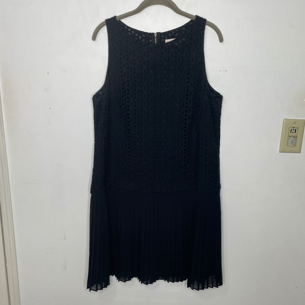 Loft Black Eyelet Lace Pleated Drop Waist Dress Sleeveless Exposed Zip Size 14